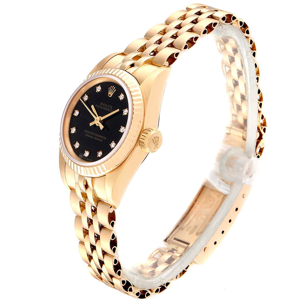 The Rolex President 67198 Women's Yellow Gold Black Dial 67198 Women's Yellow Gold Black Dial model watch is shown at a three-quarter angle, highlighting the dial, fluted bezel, and gold bracelet.