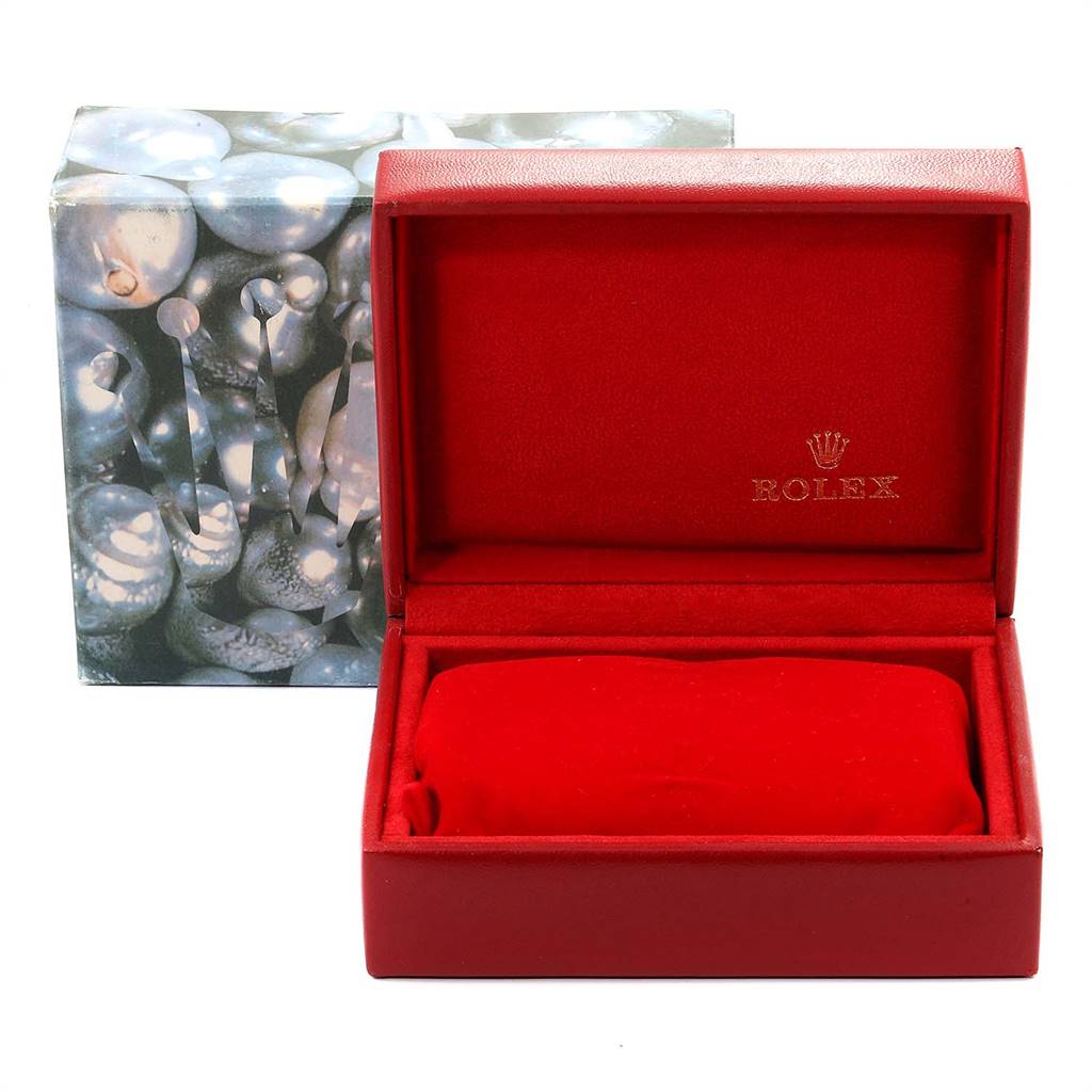 The image shows an open Rolex President 69178 Women
s Yellow Gold Champagne Dial 69178 Women
s Yellow Gold Champagne Dial model watch box at a front angle, revealing the interior and cushion.