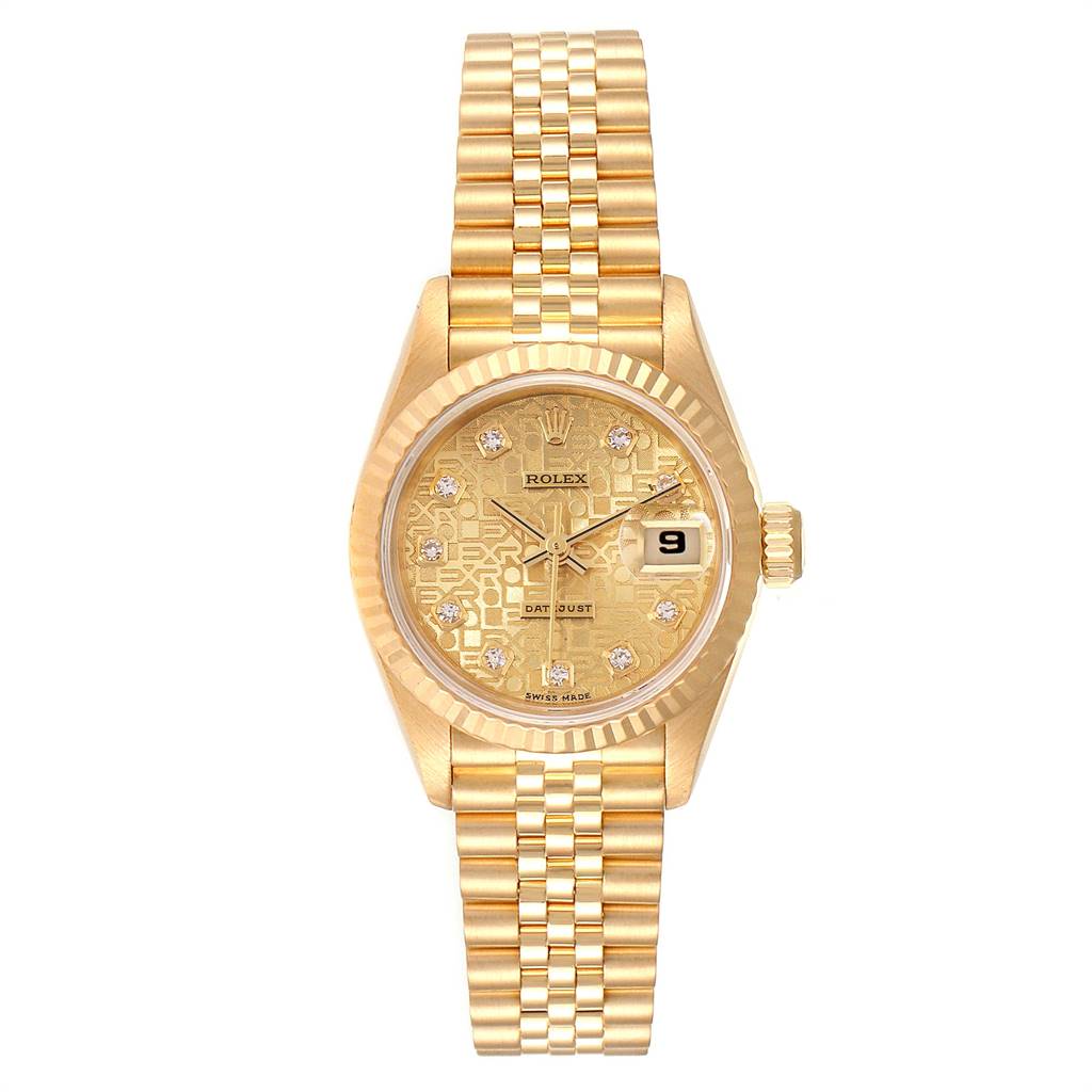 This image shows a front view of a gold Rolex President 69178 Women
s Yellow Gold Champagne Dial 69178 Women
s Yellow Gold Champagne Dial model watch, displaying its dial, bezel, crown, and bracelet.
