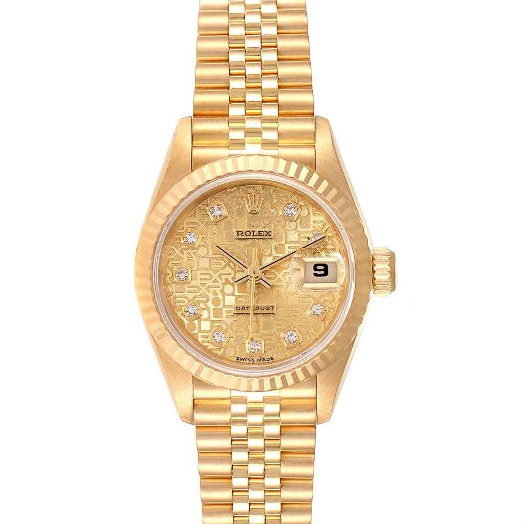 This image shows a Rolex President 69178 Women
s Yellow Gold Champagne Dial 69178 Women
s Yellow Gold Champagne Dial model watch from a frontal angle, displaying its gold bracelet, dial, and date window.
