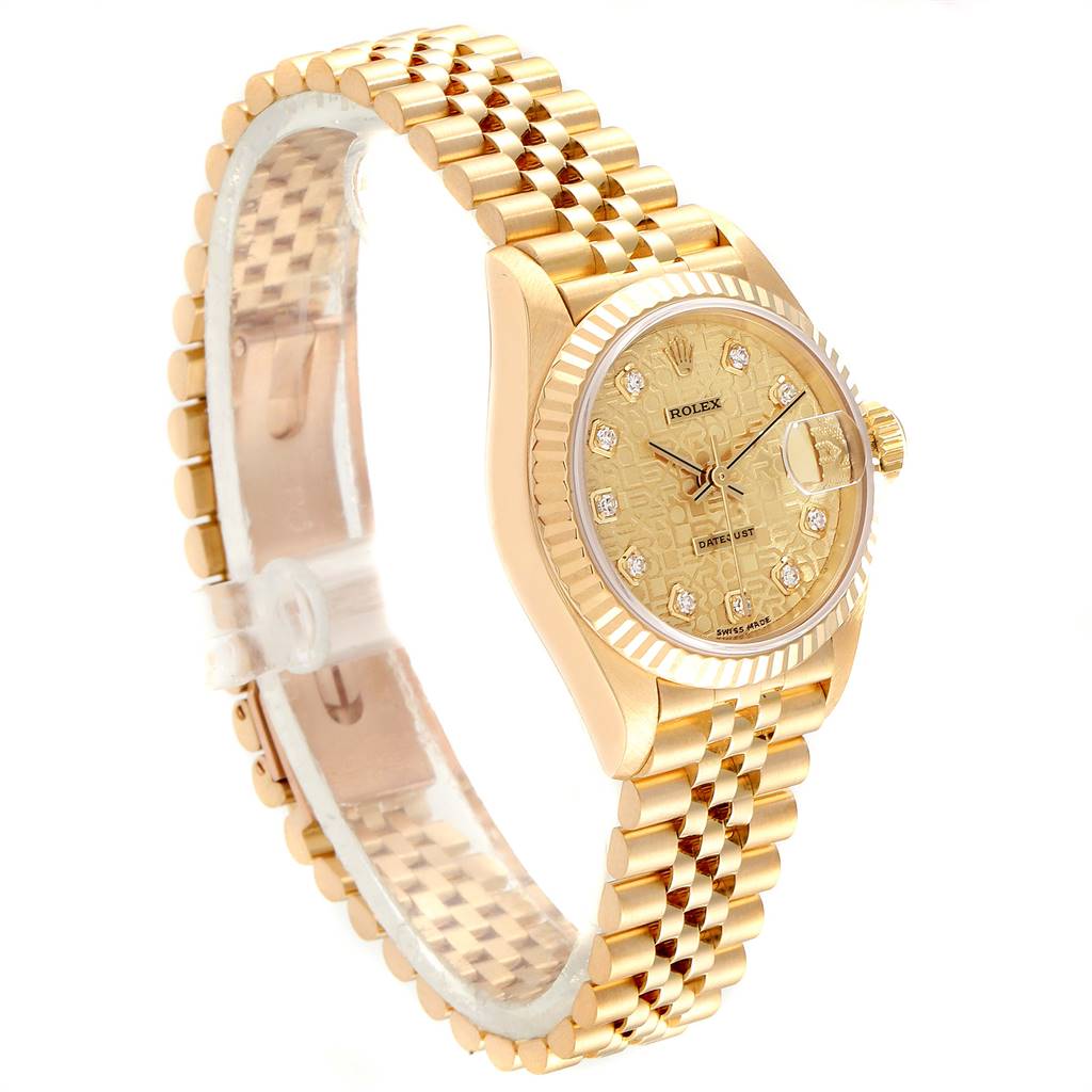 The image shows a side angle of a Rolex President 69178 Women
s Yellow Gold Champagne Dial 69178 Women
s Yellow Gold Champagne Dial model, highlighting its gold bracelet and diamond-accented dial.