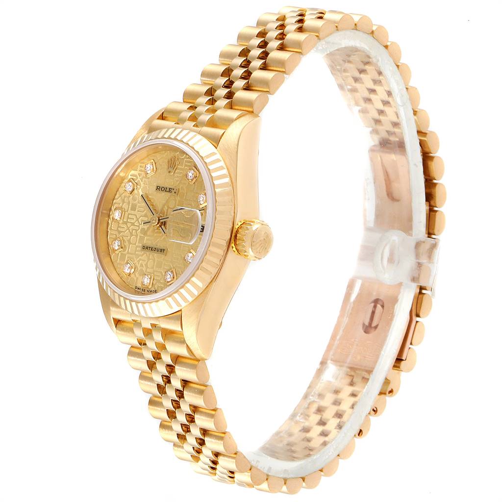 The image shows a side view of a Rolex President 69178 Women
s Yellow Gold Champagne Dial 69178 Women
s Yellow Gold Champagne Dial model watch, highlighting the gold case, band, and dial.