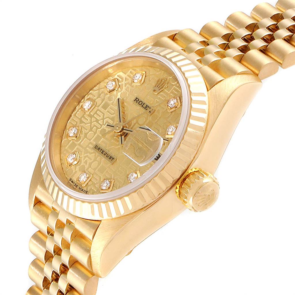 This image shows a President model by Rolex at an angle displaying its gold case, crown, dial, and bracelet.