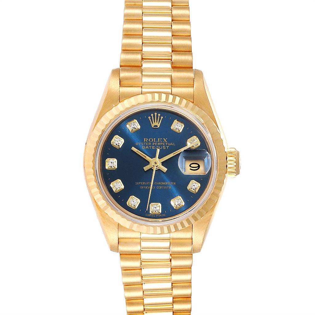 The image shows a front view of a Rolex President 69178 Women's Yellow Gold Blue Dial 69178 Women's Yellow Gold Blue Dial model watch, displaying the bezel, dial, bracelet, and crown. 