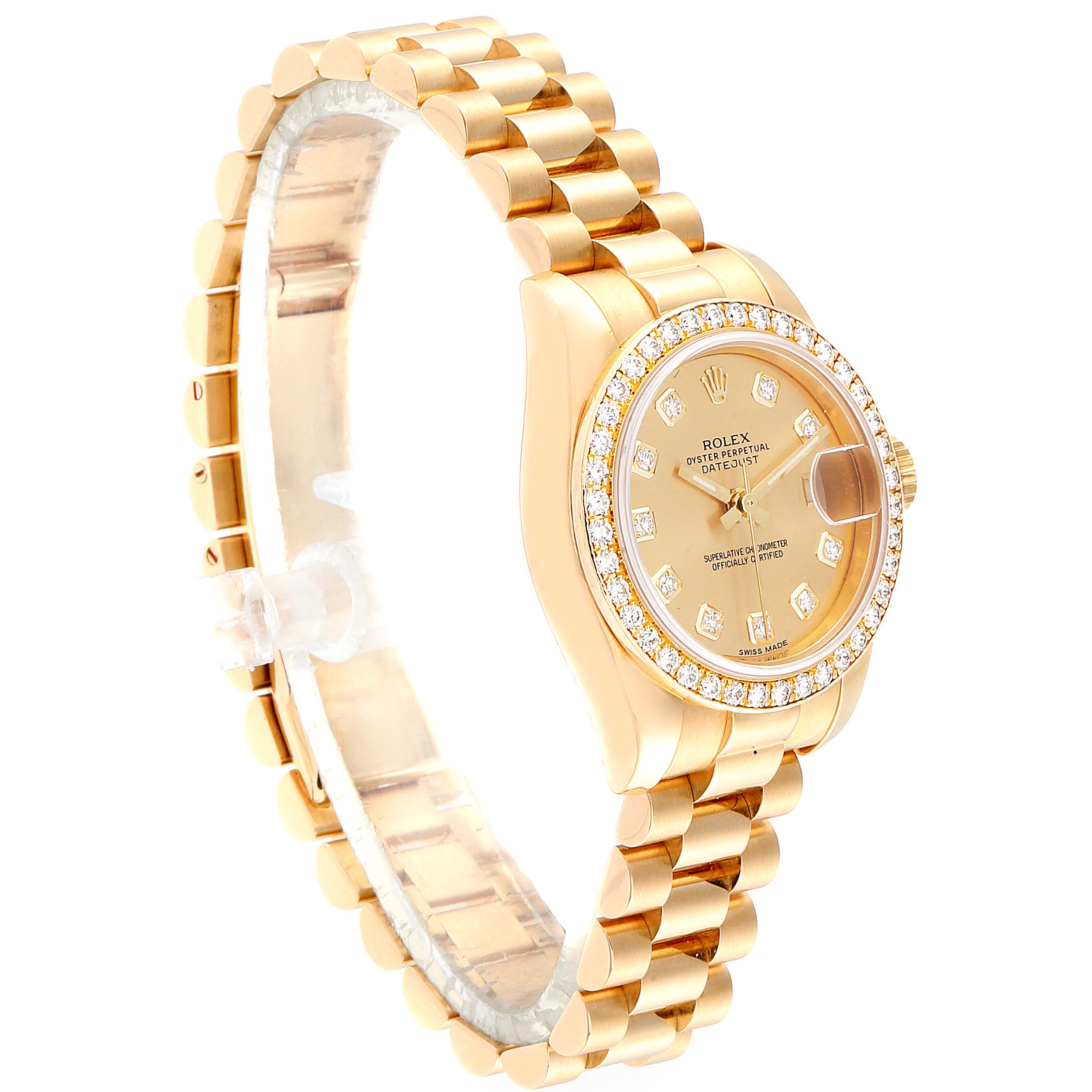 The image shows a Rolex President 179178 Women
s Yellow Gold Champagne Dial 179178 Women
s Yellow Gold Champagne Dial model watch from a side angle, highlighting its golden bracelet, dial, and bezel adorned with diamonds.