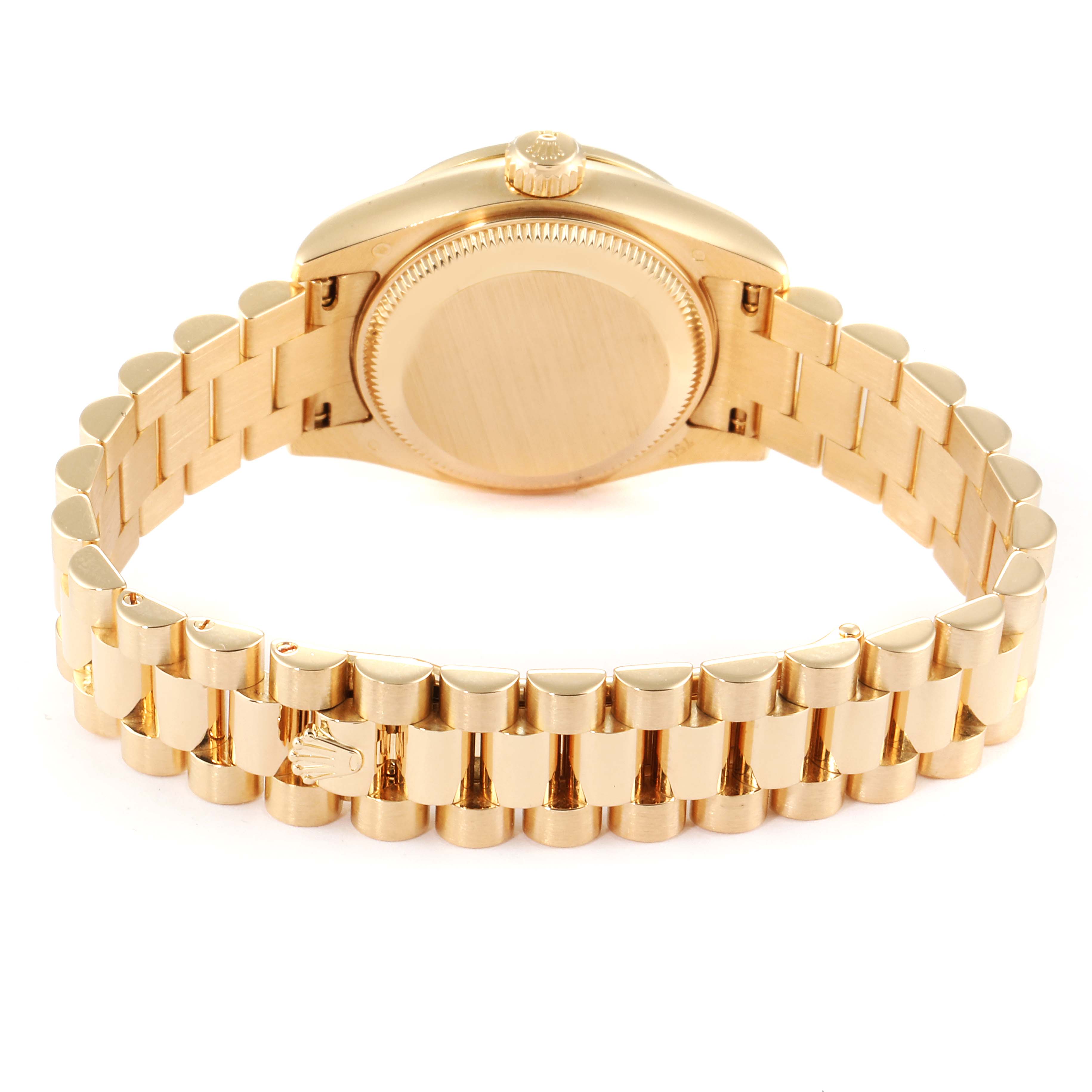 The image shows the backside and bracelet of the Rolex President 179178 Women
s Yellow Gold Champagne Dial 179178 Women
s Yellow Gold Champagne Dial model watch.