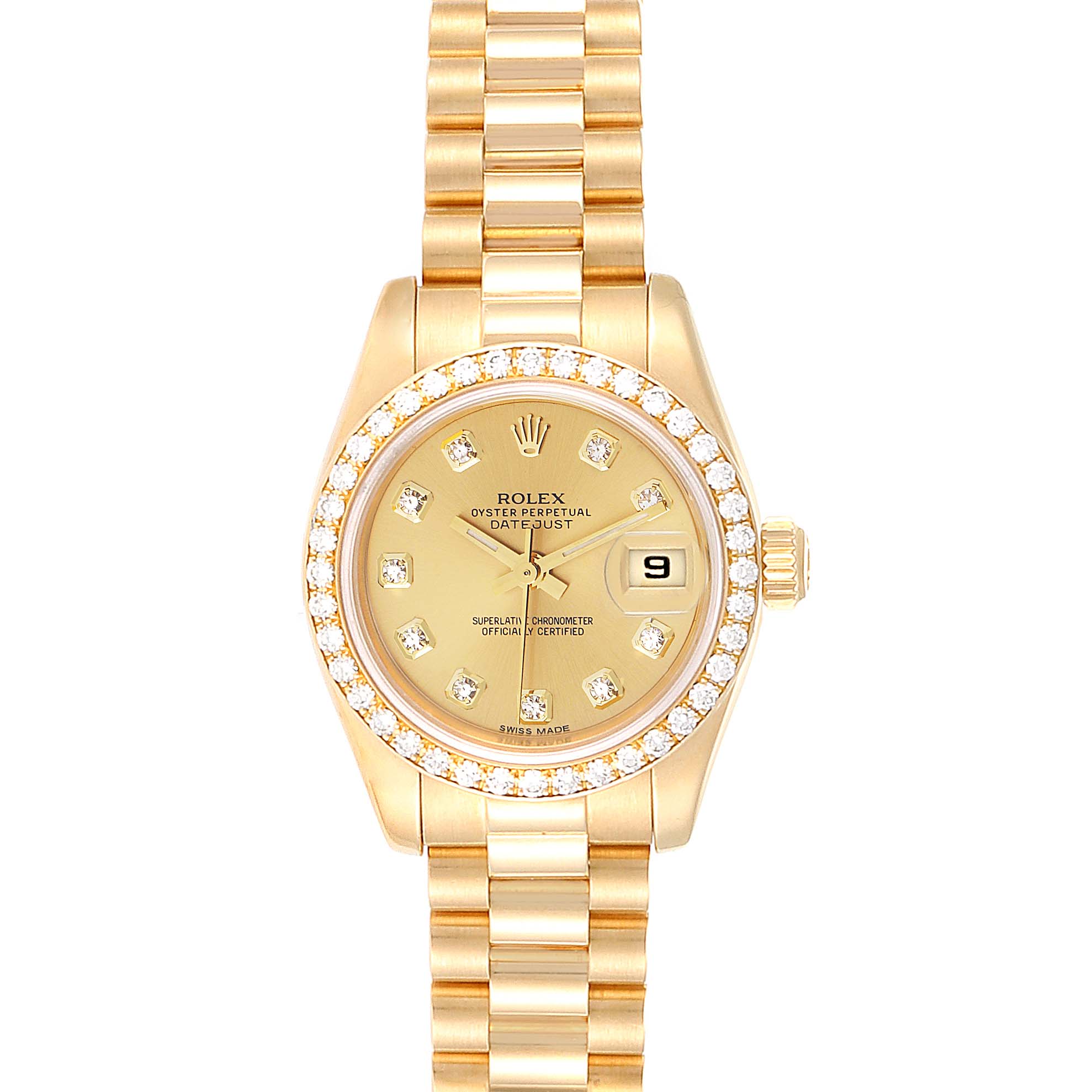 This is a front view of a gold Rolex President 179178 Women
s Yellow Gold Champagne Dial 179178 Women
s Yellow Gold Champagne Dial model watch with a diamond-studded bezel and dial.