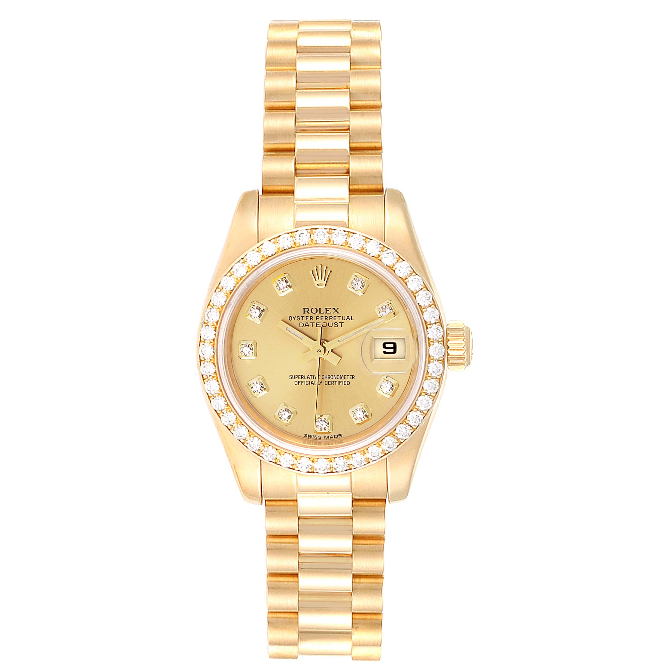 The image shows a frontal view of the Rolex President 179178 Women
s Yellow Gold Champagne Dial 179178 Women
s Yellow Gold Champagne Dial model watch, highlighting its gold bracelet, diamond-set bezel, and date display.