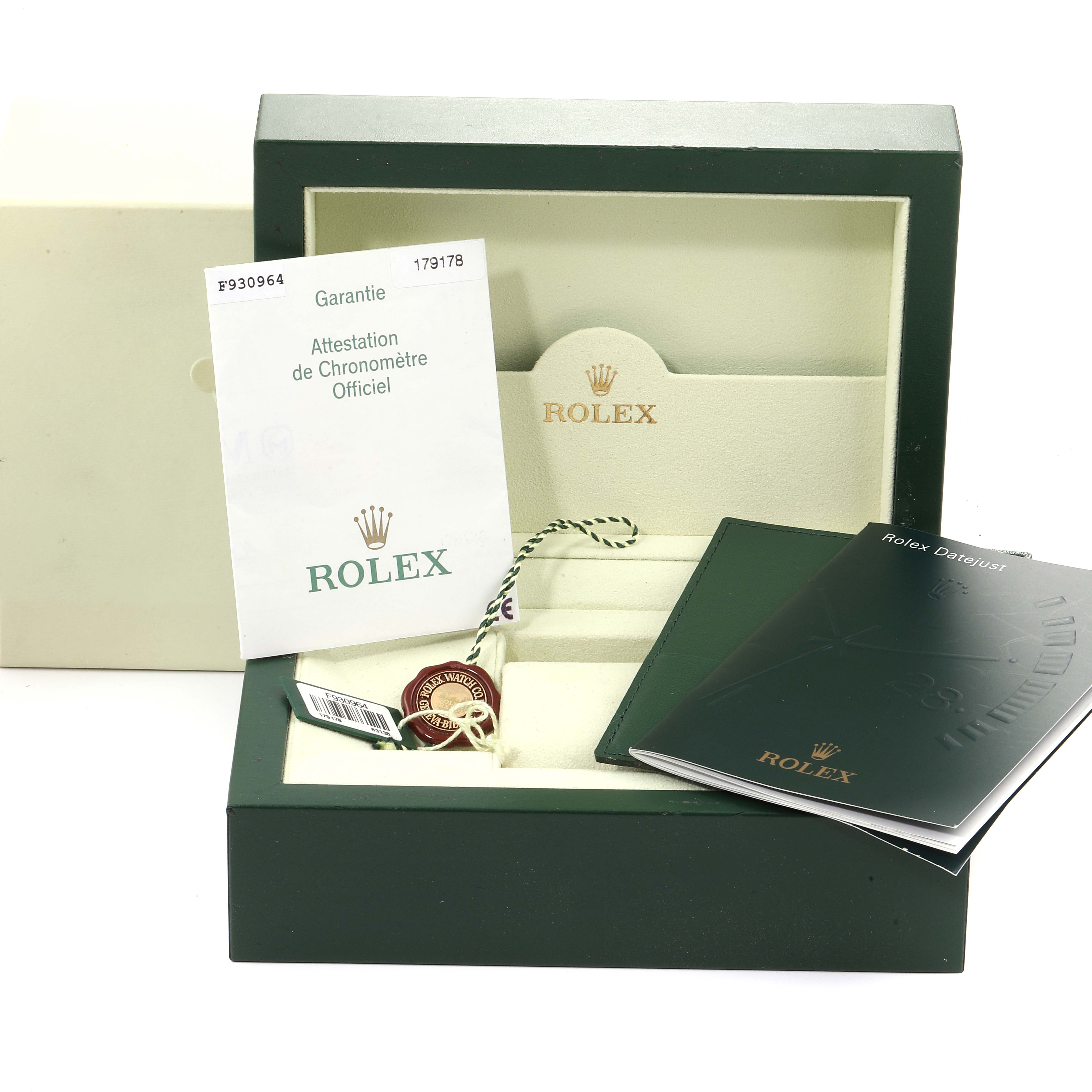The image shows an open Rolex President 179178 Women
s Yellow Gold Champagne Dial 179178 Women
s Yellow Gold Champagne Dial model watch box, warranty card, tags, and booklets, all viewed from the front angle.