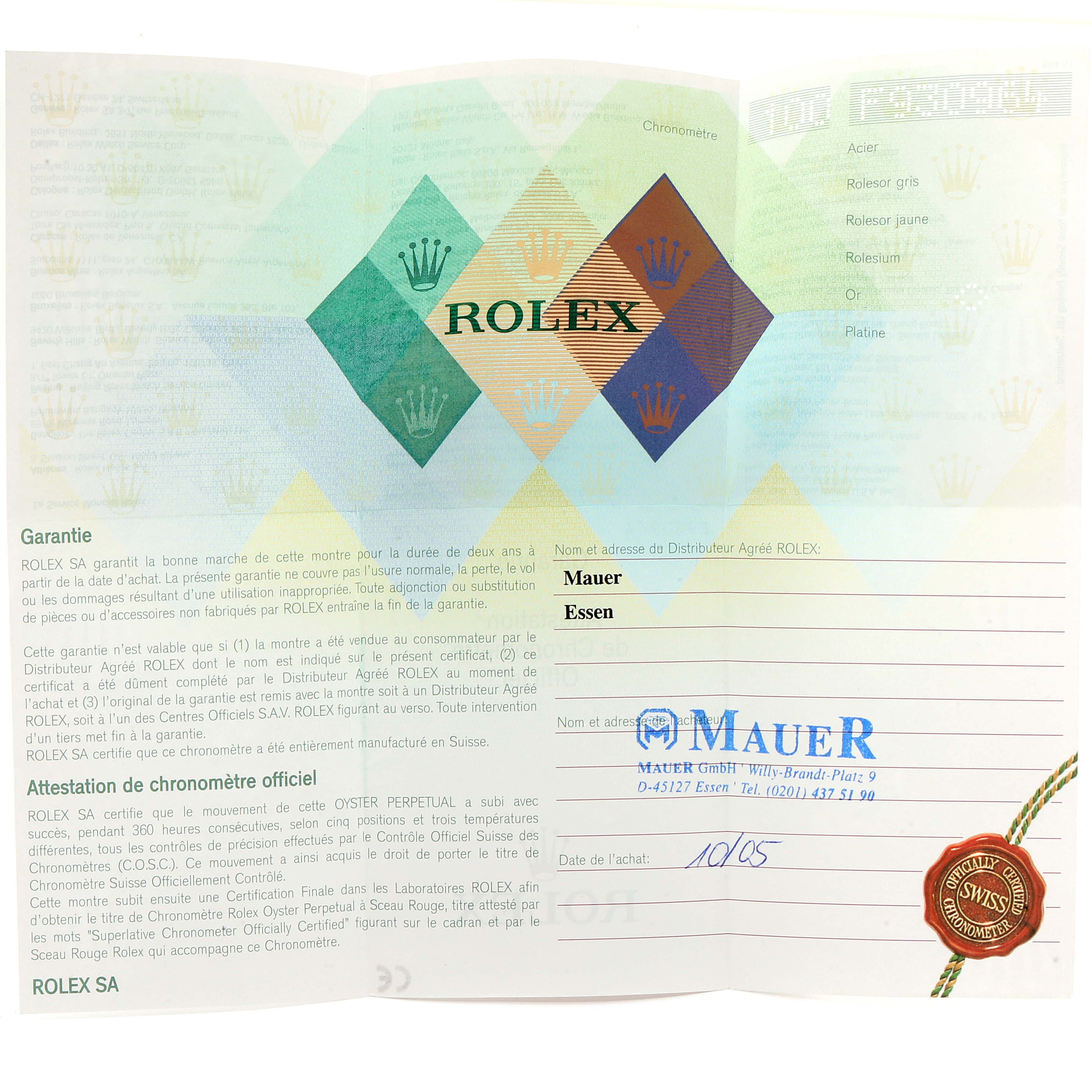 The image shows the warranty certificate and official documentation for a Rolex President 179178 Women
s Yellow Gold Champagne Dial 179178 Women
s Yellow Gold Champagne Dial model watch.