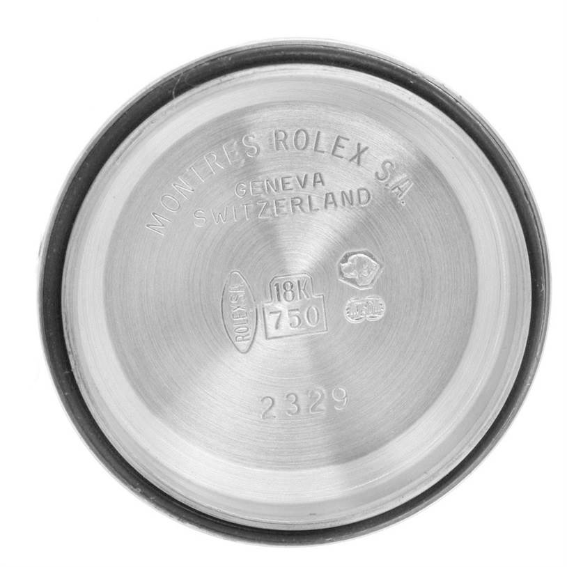 The image shows the inner case back of a Rolex President 179159 Women's White Gold Mother of Pearl Dial 179159 Women's White Gold Mother of Pearl Dial model watch, featuring engraved details and hallmarks.