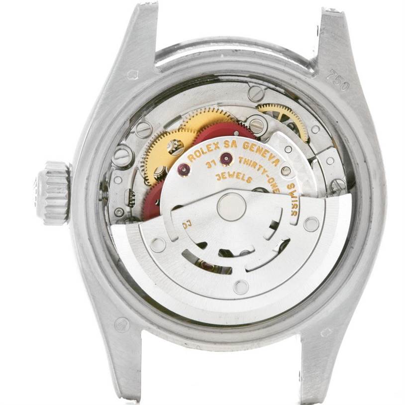 This image shows the back view of a Rolex President 179159 Women's White Gold Mother of Pearl Dial 179159 Women's White Gold Mother of Pearl Dial model watch, revealing its internal mechanical movement components.