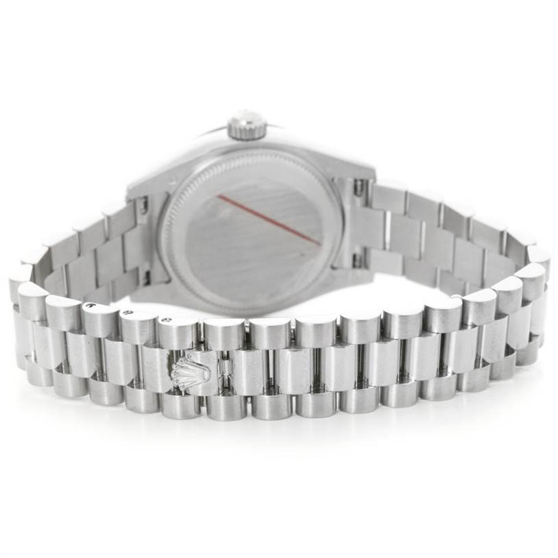 The image shows the back view of a Rolex President 179159 Women's White Gold Mother of Pearl Dial 179159 Women's White Gold Mother of Pearl Dial model watch, highlighting its bracelet and clasp.