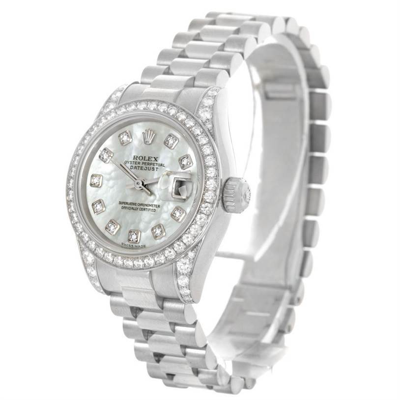 The image shows a Rolex President 179159 Women's White Gold Mother of Pearl Dial 179159 Women's White Gold Mother of Pearl Dial model watch at a slight angle, displaying the dial, bezel, crown, and bracelet.