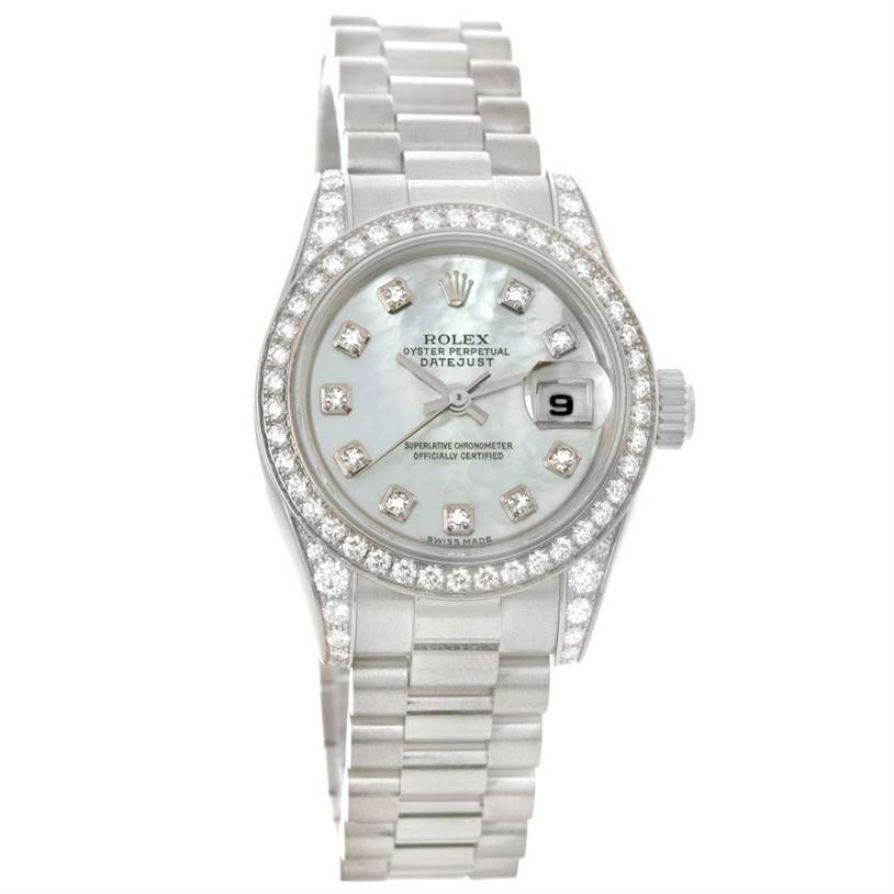 The image shows the face and bracelet of a Rolex President 179159 Women's White Gold Mother of Pearl Dial 179159 Women's White Gold Mother of Pearl Dial model watch from a front angle.