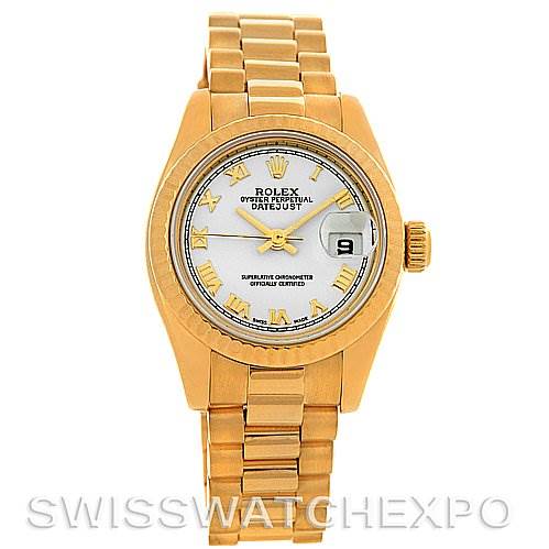 The image shows a frontal view of a Rolex President 179178 Women's Yellow Gold White Dial 179178 Women's Yellow Gold White Dial model watch highlighting its dial, bracelet, and date window.