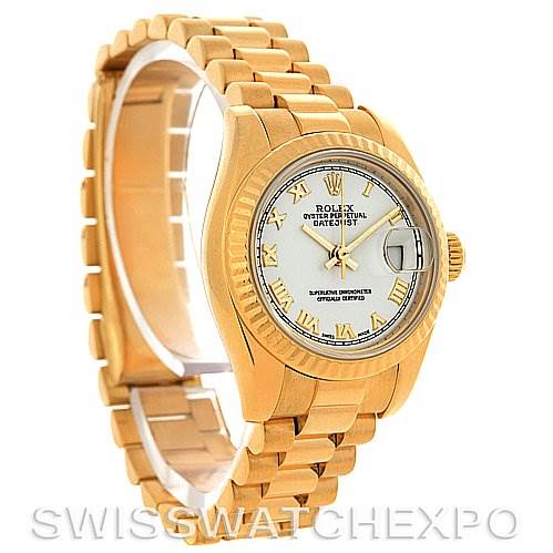 The image shows a gold Rolex President 179178 Women's Yellow Gold White Dial 179178 Women's Yellow Gold White Dial model watch at a three-quarter angle, displaying its band, bezel, and face clearly.