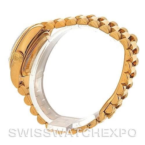 The image shows a Rolex President 179178 Women's Yellow Gold White Dial 179178 Women's Yellow Gold White Dial model watch viewed from the side, highlighting the bracelet and case.