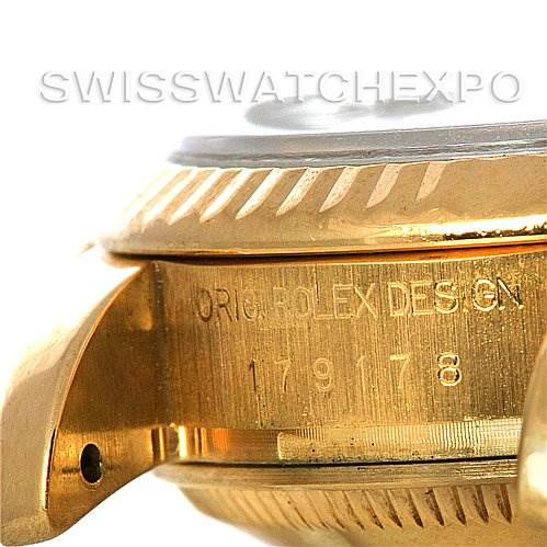 The image shows a close-up of the side of a Rolex President 179178 Women's Yellow Gold White Dial 179178 Women's Yellow Gold White Dial model watch, highlighting the bezel and serial number engraving.