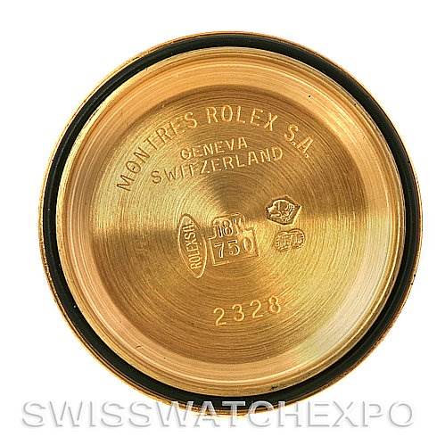 This image shows the inside of a Rolex President 179178 Women's Yellow Gold White Dial 179178 Women's Yellow Gold White Dial model case back, displaying the brand's engravings and gold content.