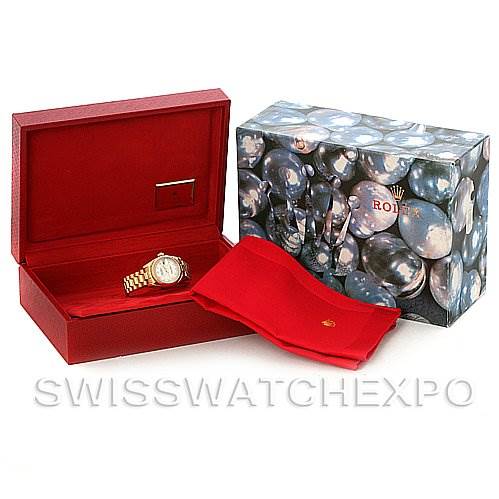 The image shows a Rolex President 179178 Women's Yellow Gold White Dial 179178 Women's Yellow Gold White Dial model watch, its opened red box, outer decorative box, and red cleaning cloth.