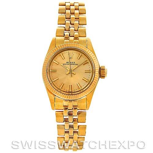 This image shows a Rolex President 6719 Women's Yellow Gold Champagne Dial 6719 Women's Yellow Gold Champagne Dial model watch from the front, displaying the entire watch, including its face, bezel, and bracelet.