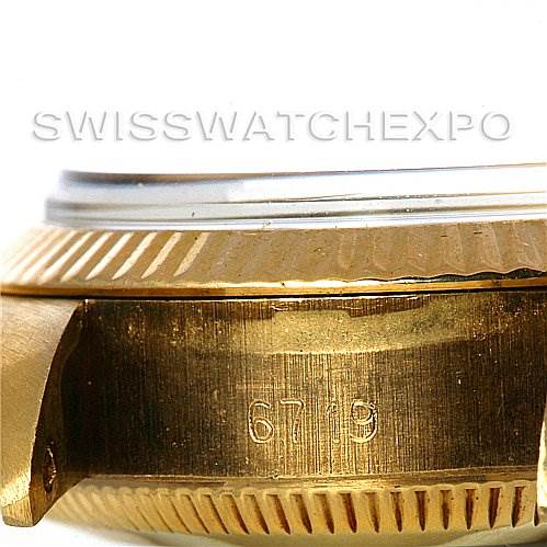 This close-up image shows the side of the case and bezel of a Rolex President 6719 Women's Yellow Gold Champagne Dial 6719 Women's Yellow Gold Champagne Dial model, with the model number partially visible.