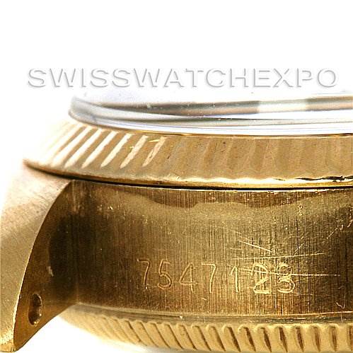This image shows the serial number and profile of the bezel and case of a Rolex President 6719 Women's Yellow Gold Champagne Dial 6719 Women's Yellow Gold Champagne Dial model watch at an angle.
