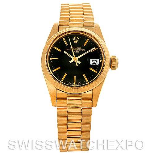 The image shows a frontal view of the Rolex President 6917 Women's Yellow Gold Black Dial 6917 Women's Yellow Gold Black Dial model watch, highlighting its gold band and black dial.