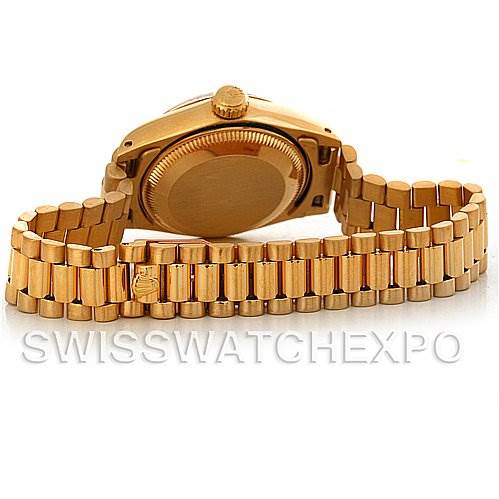 This image shows the back and band of a Rolex President 6917 Women's Yellow Gold Black Dial 6917 Women's Yellow Gold Black Dial model watch from a rear angle.