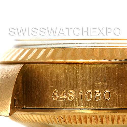 The image shows the side of the Rolex President 6917 Women's Yellow Gold Black Dial 6917 Women's Yellow Gold Black Dial model watch case, including the serial number engraving.