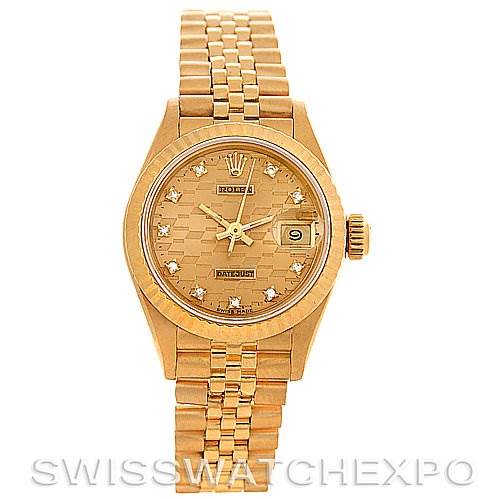 This is a front view of the Rolex President 69178 Women's Yellow Gold Champagne Dial 69178 Women's Yellow Gold Champagne Dial model watch, showing the face, bezel, crown, and bracelet.