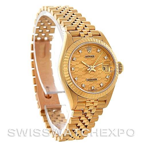 This image shows a side view angle of the Rolex President 69178 Women's Yellow Gold Champagne Dial 69178 Women's Yellow Gold Champagne Dial model watch, highlighting its gold bracelet, bezel, and dial with diamond markers.