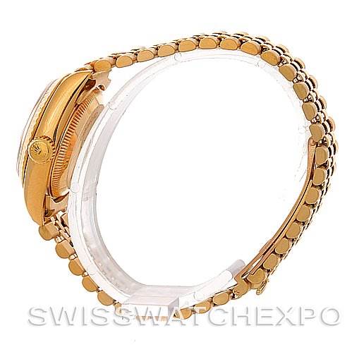 The image shows a side view of the Rolex President 69178 Women's Yellow Gold Champagne Dial 69178 Women's Yellow Gold Champagne Dial model, highlighting the gold case and bracelet.