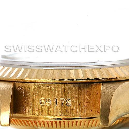 This image shows a close-up of the Rolex President 69178 Women's Yellow Gold Champagne Dial 69178 Women's Yellow Gold Champagne Dial model's case side with visible model number engraving.