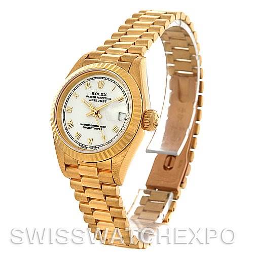 The Rolex President 69178 Women's Yellow Gold White Dial 69178 Women's Yellow Gold White Dial watch is displayed at a three-quarter angle, showing the face, bezel, crown, and bracelet.
