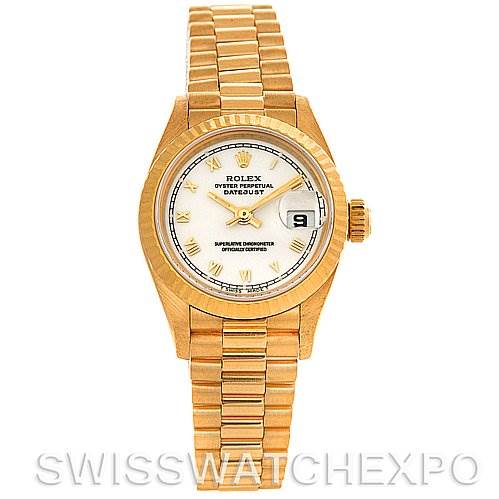 The image shows a front angle of a Rolex President 69178 Women's Yellow Gold White Dial 69178 Women's Yellow Gold White Dial model watch, highlighting its dial, bezel, crown, and bracelet.