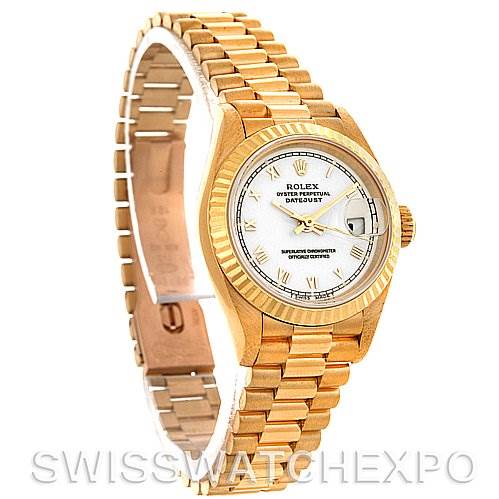 This image shows a side-angle view of a Rolex President 69178 Women's Yellow Gold White Dial 69178 Women's Yellow Gold White Dial model watch, highlighting the dial, bezel, and bracelet.