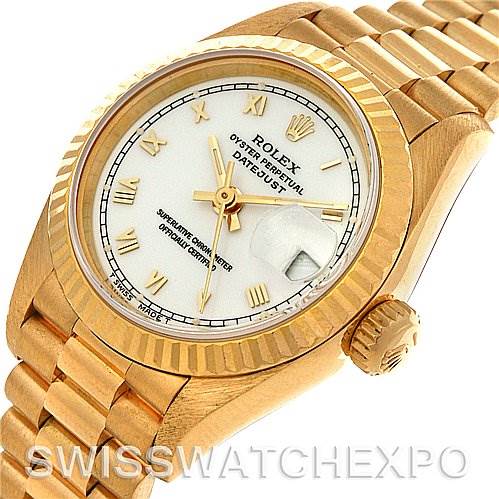 The image shows a close-up angled view of the Rolex President 69178 Women's Yellow Gold White Dial 69178 Women's Yellow Gold White Dial model watch, highlighting its bezel, dial, and bracelet.