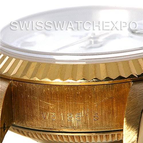 The image shows a close-up side view of a Rolex President 69178 Women's Yellow Gold White Dial 69178 Women's Yellow Gold White Dial model, focusing on the case, bezel, and part of the lug.