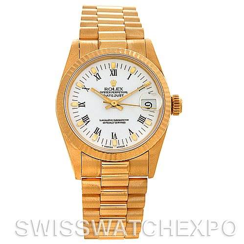 This image shows a Rolex President 68273 Women's Yellow Gold White Dial 68273 Women's Yellow Gold White Dial model watch from a front angle including the dial, bracelet, and crown.