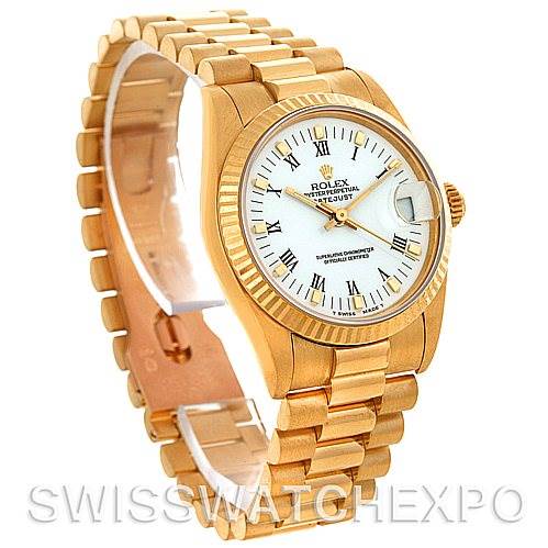 The image shows the Rolex President 68273 Women's Yellow Gold White Dial 68273 Women's Yellow Gold White Dial model watch at a three-quarter angle, highlighting the bracelet, dial, bezel, and crown.