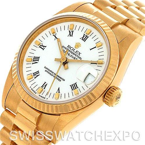 This image shows a Rolex President 68273 Women's Yellow Gold White Dial 68273 Women's Yellow Gold White Dial model watch from an angled view, highlighting the dial, bezel, crown, and bracelet.