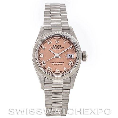 This image shows a front view of the Rolex President 79179 Women's White Gold Pink Dial 79179 Women's White Gold Pink Dial model watch, highlighting its dial, bracelet, and crown.