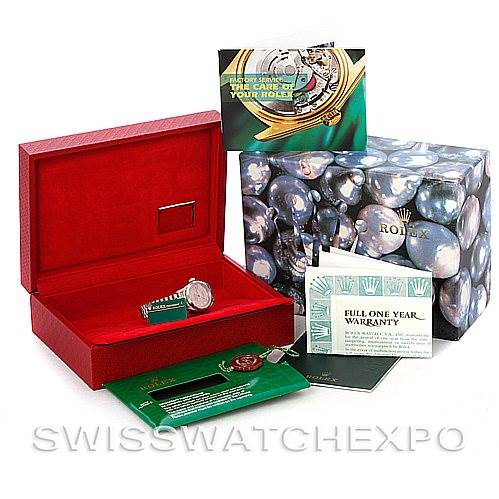 The image shows a Rolex President 79179 Women's White Gold Pink Dial 79179 Women's White Gold Pink Dial model watch and accessories, including a red box, user manual, warranty card, and packaging.