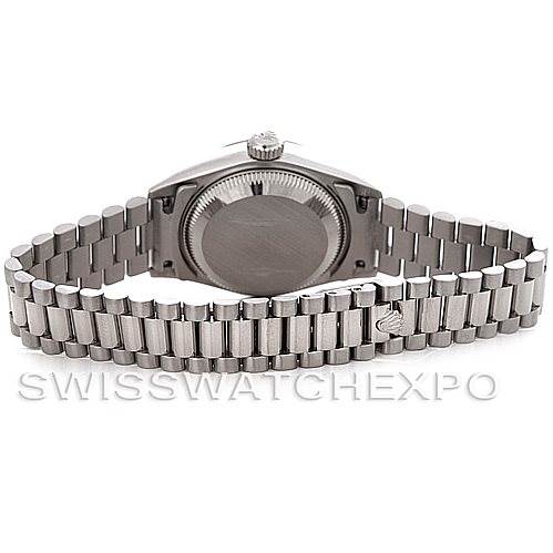 This image shows the back case and President bracelet of a Rolex President 79179 Women's White Gold Pink Dial 79179 Women's White Gold Pink Dial model watch.