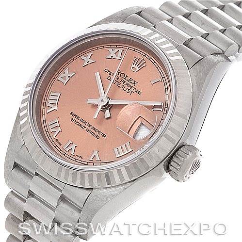 The image shows a Rolex President 79179 Women's White Gold Pink Dial 79179 Women's White Gold Pink Dial model watch from an angled top view, highlighting the dial, bezel, crown, and part of the bracelet.