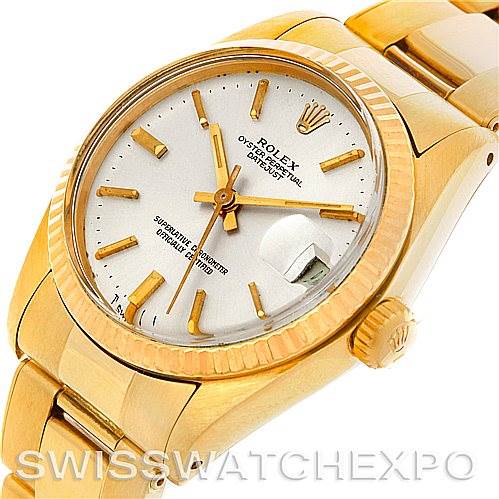 The image shows a close-up, angled view of the Rolex President 6827 Women's Yellow Gold Silver Dial 6827 Women's Yellow Gold Silver Dial model watch, featuring the face, bezel, crown, and bracelet.