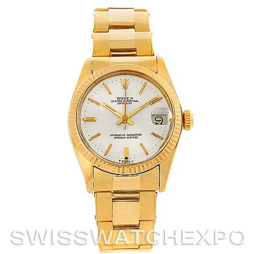 This image shows a frontal view of a Rolex President 6827 Women's Yellow Gold Silver Dial 6827 Women's Yellow Gold Silver Dial model watch, displaying the face, case, and bracelet.