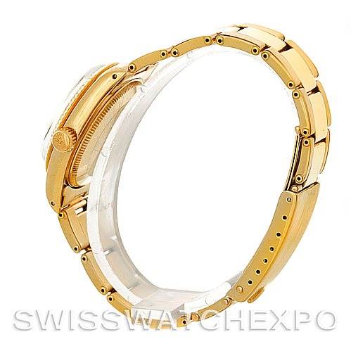 The image shows a side view of a Rolex President 6827 Women's Yellow Gold Silver Dial 6827 Women's Yellow Gold Silver Dial model watch, highlighting the bracelet and crown.